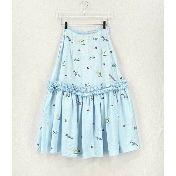 FANM MON X CLARE V Didom Maxi Skirt Womens XS Blue Embroidered Linen Ruffled - Picture 3 of 14